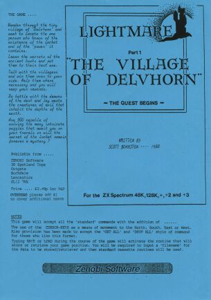 Lightmare: Part 1: The Village of Delvhorn (ZX Spectrum) (missing tape) (Contains Hint Sheet)