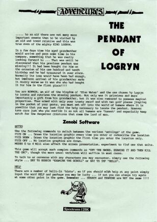 Pendant of Logryn, The (ZX Spectrum) (missing tape)