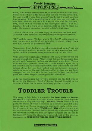 Toddler Trouble (ZX Spectrum) (missing tape) (Contains Hint Sheet)