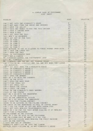 Simple Case of Espionage, A (hint sheet only) (Skyslip Software) (ZX Spectrum) (Contains Hint Sheet)