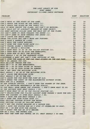 Lost Legacy of Xim, The (hint sheet only) (Caris Software) (ZX Spectrum) (Contains Hint Sheet)