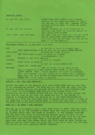 Mansion Quest (hint sheet only) (ZX Spectrum) (Contains Hint Sheet)