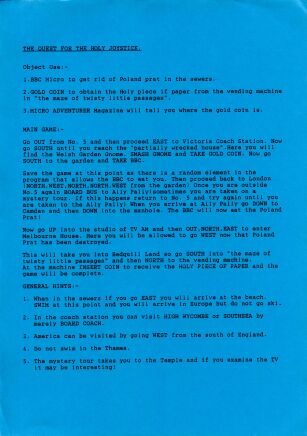 Quest for the Holy Joystick, The (hint sheet only) (Delta 4 Software) (ZX Spectrum) (Contains Hint Sheet)